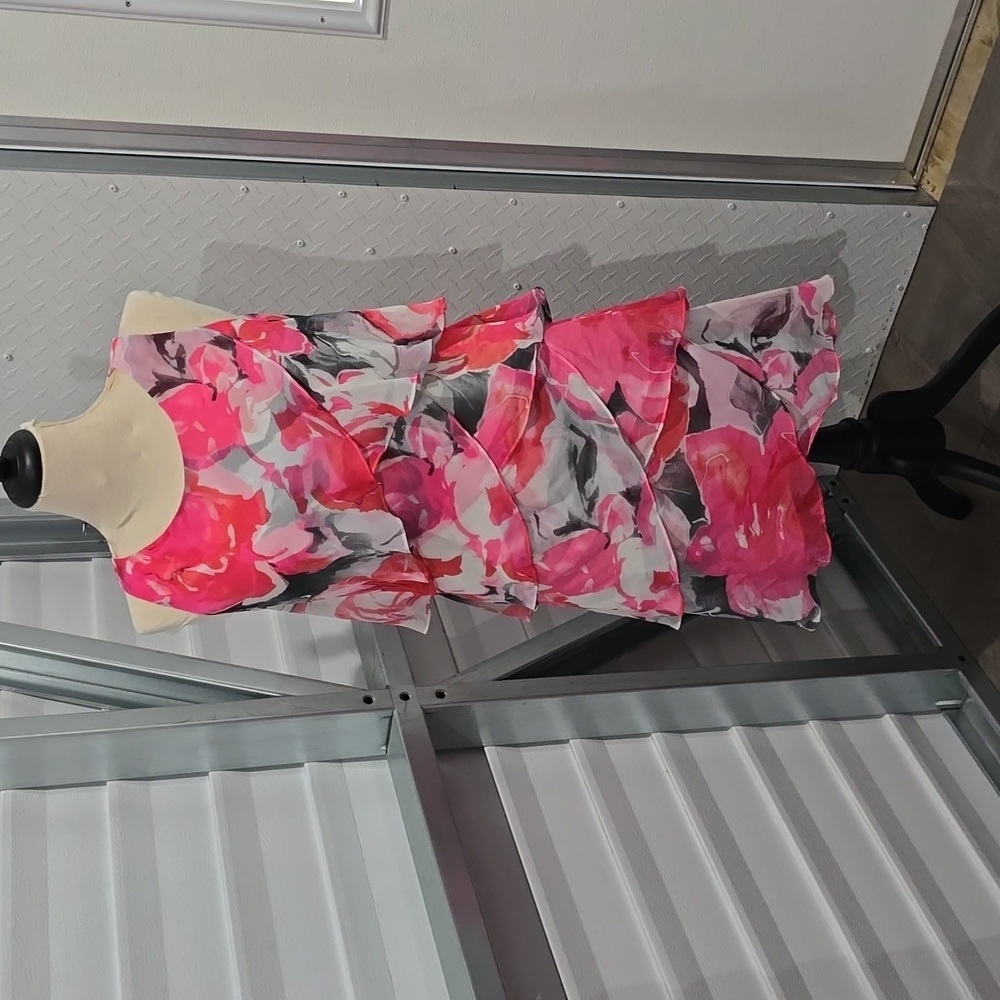 Pink white and Grey floral ruffle dress size 14